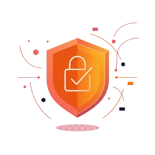 Stylized security shield with padlock and checkmark surrounded by encrypted data flowing in