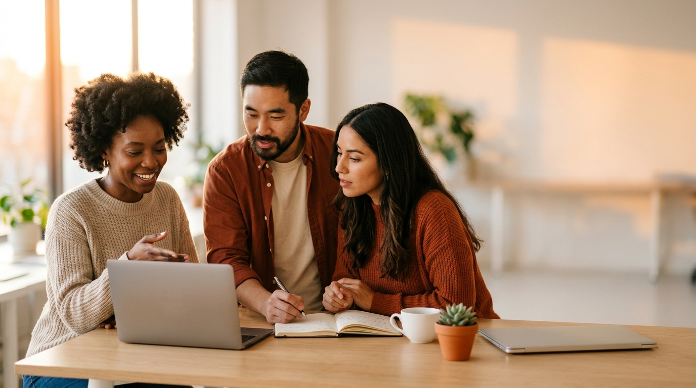 A small product team collaborating around a laptop and notebook