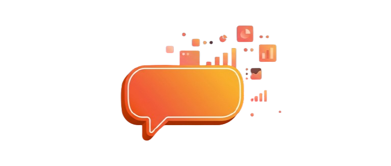 Stylized speech bubble with charts and metrics floating around it